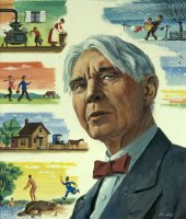Carl Sandburg, Portrait with Pictorial Collage by Tom Hill, depicts scenes from Sandburg's boyhood in Galesburg, Illinois